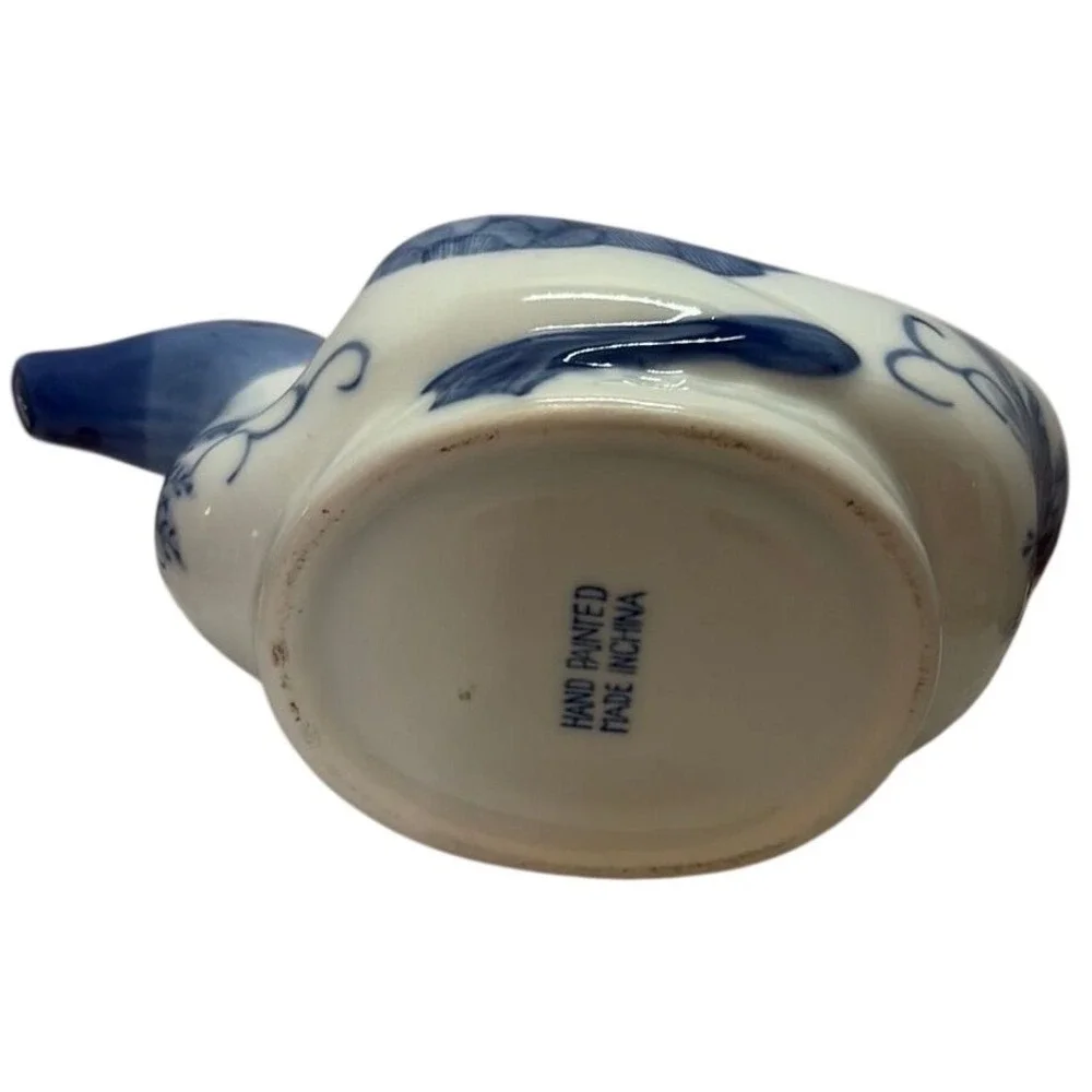 Blue White Porcelain Duck Teapot Hand Painted Chinoiserie Wicker Handle Vintage